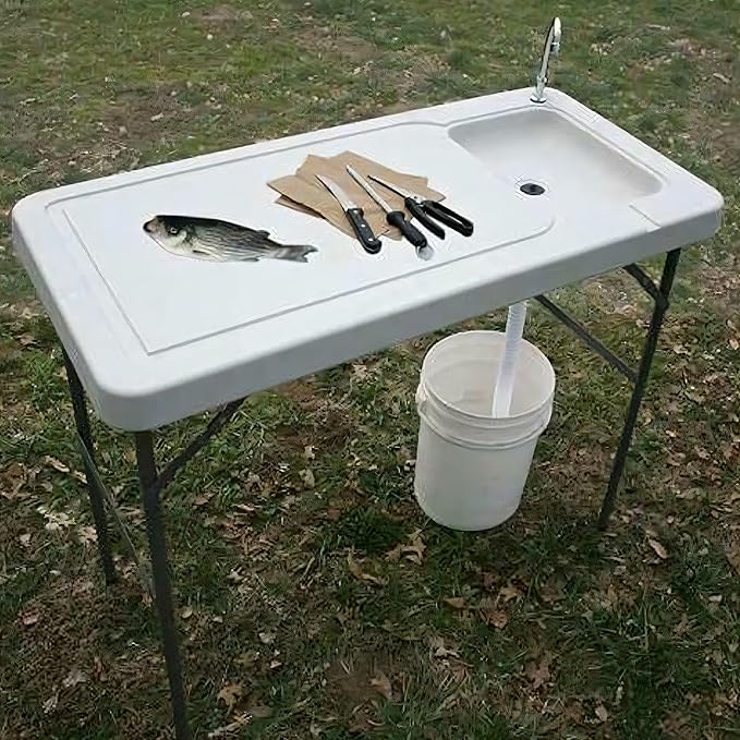 Fishing Cleaning Table with Sink - Portable Folding Camping Sink Table | Fish Fillet Hunting Station with Faucet Ideal for Picnic Gardening &amp Kitchen Use - White