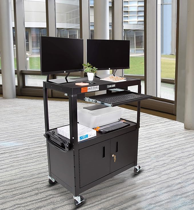 Line Leader Large AV Cart with Locking Cabinet | Height Adjustable Utility Cart with Pullout Keyboard Tray &amp Cord Management | UL Safety-Certified Computer Cart | Easy Assembly (32 x 18 x 42in)