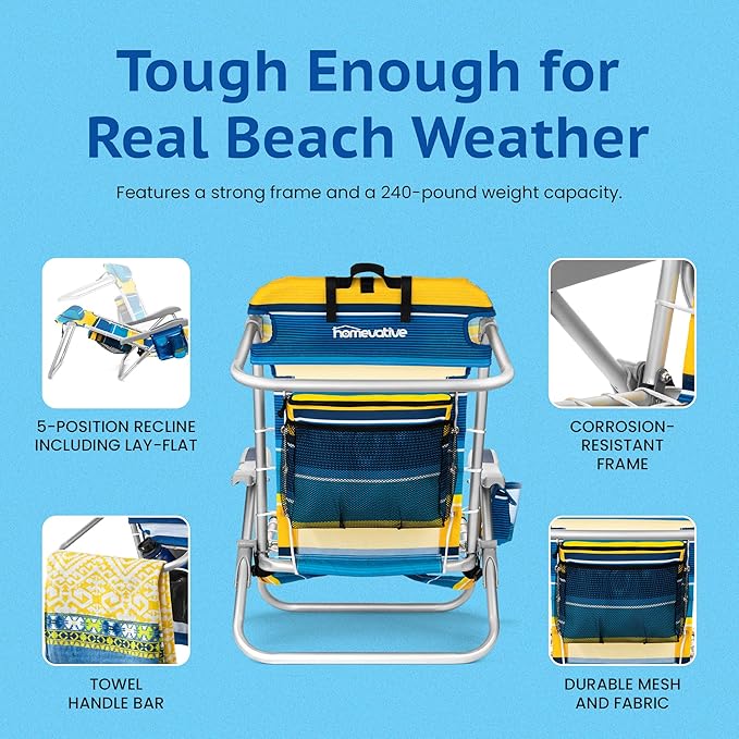 Homevative Backpack Fold-Up Beach Chair 5 Positions Towel bar Cooler Storage Pouch Cup Holder and Phone Pocket