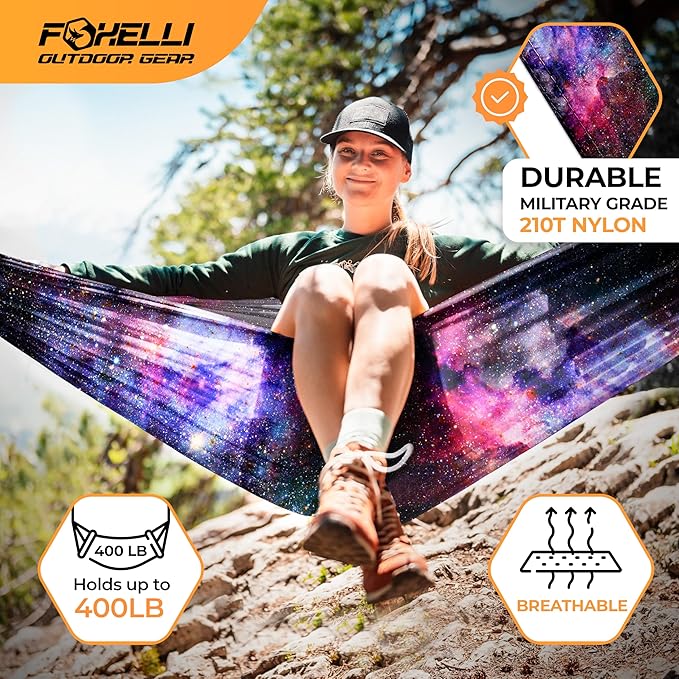 Foxelli Camping Hammock – Ultralight Hammock for Backpacking Hiking Festivals Travel - Easy Setup with Tree-Friendly Ropes &amp Steel Carabiners Heavy Duty Parachute Nylon
