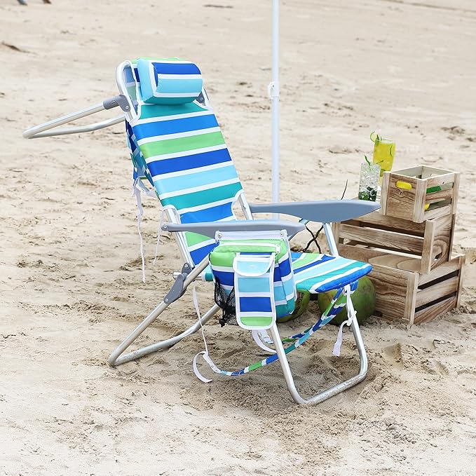 2-Pack Backpack Beach Chairs: Lightweight Foldable 5 Reclining Positions Lay-Flat Design Straps Cooler Pouch Cup Holder &amp Towel bar. Great for Beach &amp Camping