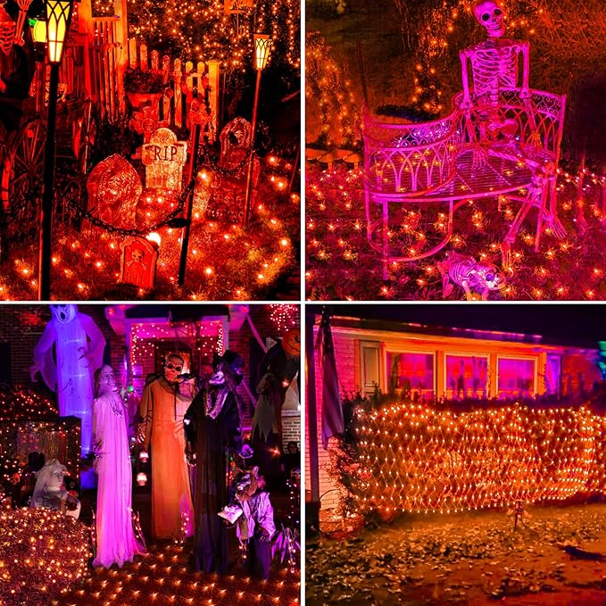 BlcTec Halloween Lights 200 LED 8.4ft x 5.2ft Orange Net Lights with 8 Modes UL Certified Timer Connectable Waterproof Dark Green Wire for Trees Bushes Shrub Lawn Halloween Decorations Outdoor