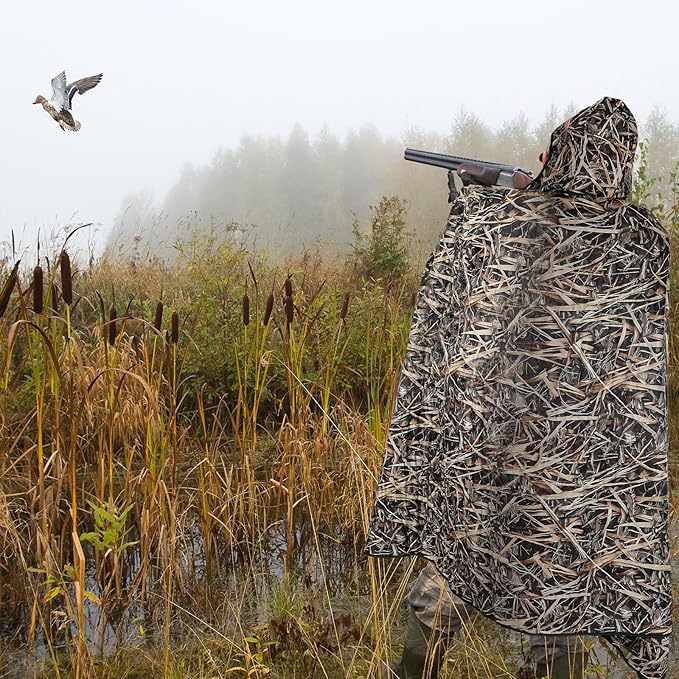 55 x 95 Waterproof Woobie Camo Blanket for Hunting Extra Outdoor Stadium Blankets Sherpa Lining with Hood and Storage Pocket for Deer Duck Hunting Gear Blind Accessories(Waterfowl Grass Camo)