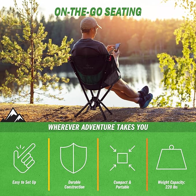 Portable Camping Chair - Compact and Foldable Chair - Lightweight Backpacking Chair with Carrying Bag - Backpacking Gear by Wakeman Outdoors (Green)