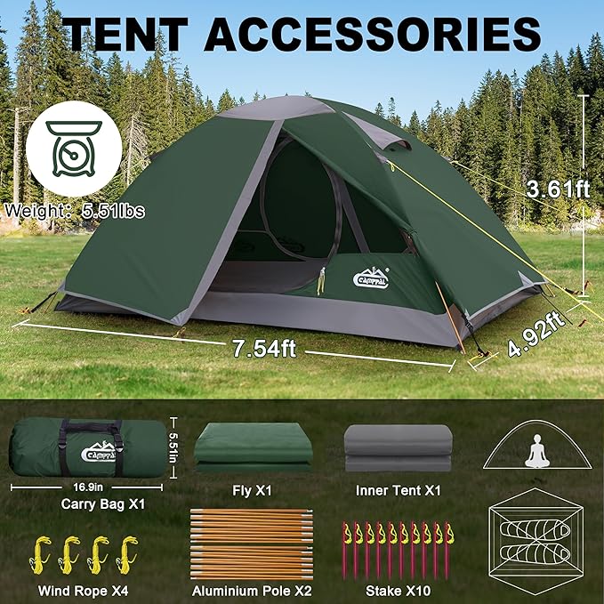2 Person Backpacking Tent Waterproof Windproof Two Person Tent Lightweight Easy Setup 2 Man Tent for Camping Hiking Cycling