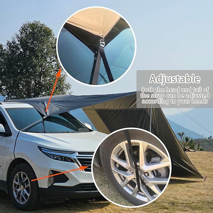 10x16 ft Car Side Awning with Pole Camping Tarp with Screen Window Car Tent for Cars Vans SUV Sun Shelter (Khaki)