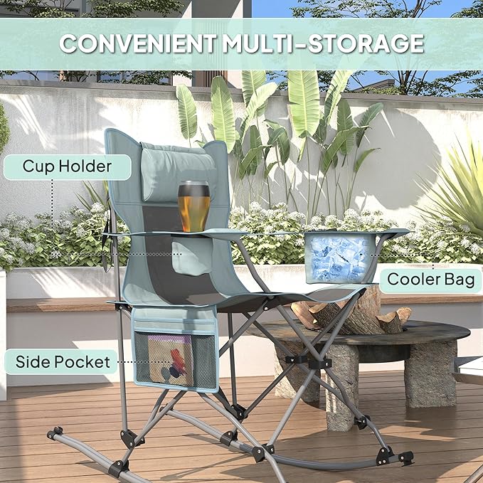 Outsunny Folding Rocking Camping Chairs for Adults Portable Outdoor Rocking Chairs with Headrest Cooler Bag Cup Holder Carry Bag for Picnic Outside and Outdoor Travel 2 Pack Gray