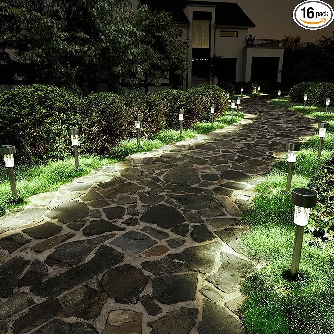SOLPEX 16 Pack Solar Outdoor Lights Pathway Stainless Steel Solar Lights Outdoor WaterproofLED Landscape Lighting Walkway for Landscape/Patio/Lawn/Yard/Driveway-Cold White