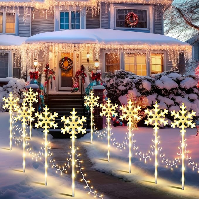 10 Pcs Christmas Snowflake Pathway Stake Lights for Outdoor Yard 370 Bright LEDs Waterproof Large Christmas Snowflake Light Decoration for Garden Lawn Driveway Walkway Decor (Warm White)