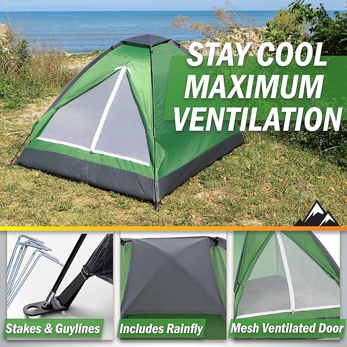 2 Person Camping Tent with Rain Fly and Carrying Bag – Lightweight Outdoor Pop Up Tents for Camping Essentials Music Festivals Backpacking Hiking or Beach Shelter by Wakeman Outdoors