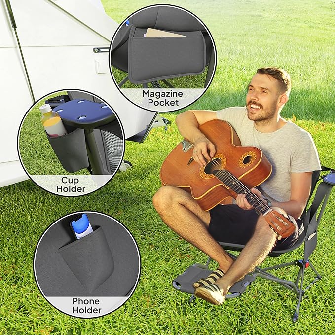 Outsunny Double Hammock Camping Chair Adjustable Back Folding Rocking Chair Swinging Hammock Chair with Cup Holder Headrest Removable Footrest Padded Seat for Travel Sports Concerts Dark Gray