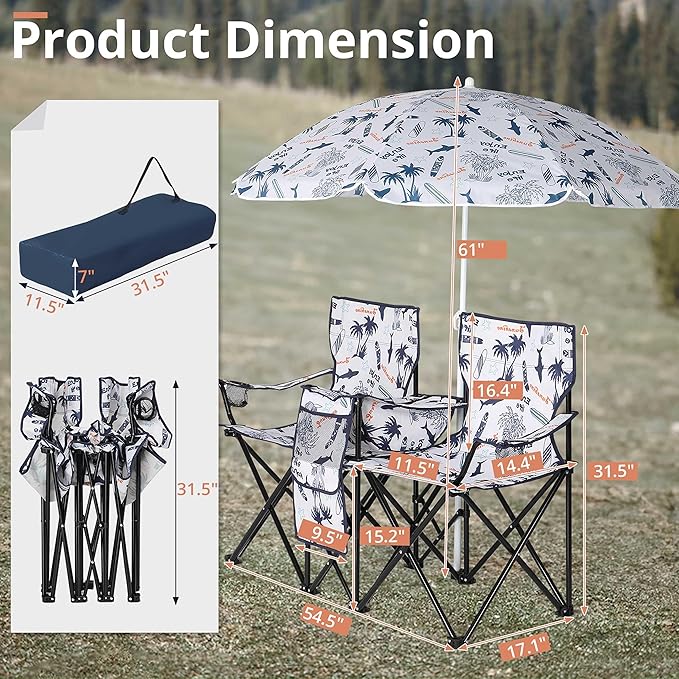 Portable Loveseat Folding Camping Chair w/Detachable Umbrella Heavy-Duty Steel &amp Oxford Material Fishing Chair for Beach Outdoor Activities Compact Design with Carrying Bag Load 180 LBS Per S