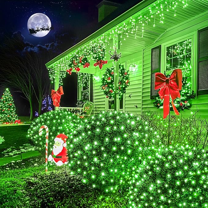 JMEXSUSS Green Christmas Net Lights 360 LED 12ft x 5ft Bush Lights Outdoor Plug in 8 Modes with Remote Connectable for Christmas Patrick Day Decorations Clear Wire