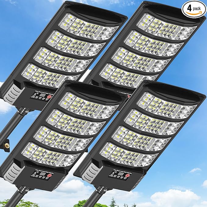Solar Lights Outdoor Solar Street Lights Outdoor Dusk to Dawn with Motion Sensor &amp Remote Control Wide Angle Solar Flood Lights Outdoor IP67 Waterproof for Parking Lot Yard &amp Driveway (4PAC