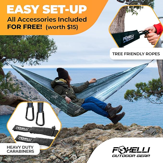 Foxelli Camping Hammock – Ultralight Hammock for Backpacking Hiking Festivals Travel - Easy Setup with Tree-Friendly Ropes &amp Steel Carabiners Heavy Duty Parachute Nylon
