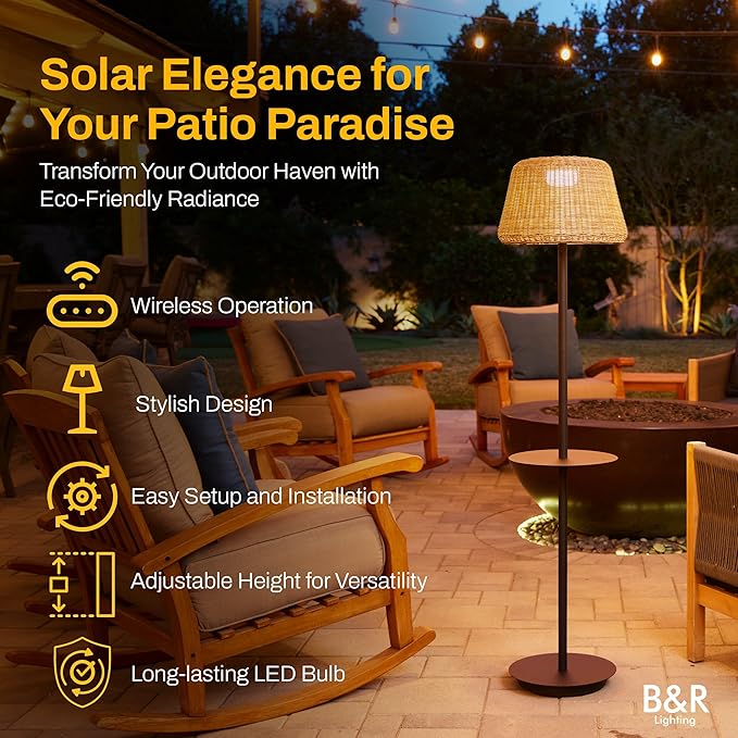 B&ampR Lighting Solar Outdoor Floor Lamp with Table - Cordless Outdoor Floor Lamp - Patio Porch Garden - Rattan Wicker Lights for Outside - Waterproof Rechargeable Weatherproof