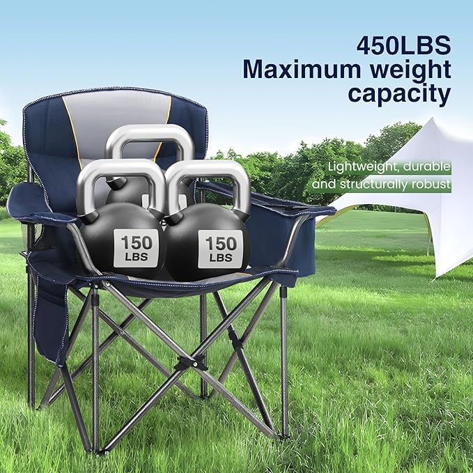 HIGH POINT SPORTS Oversized Portable Folding Camping Chair Blue 450 LBS Support Sports Lawn Chair with Cup Holder and Cooler Bag