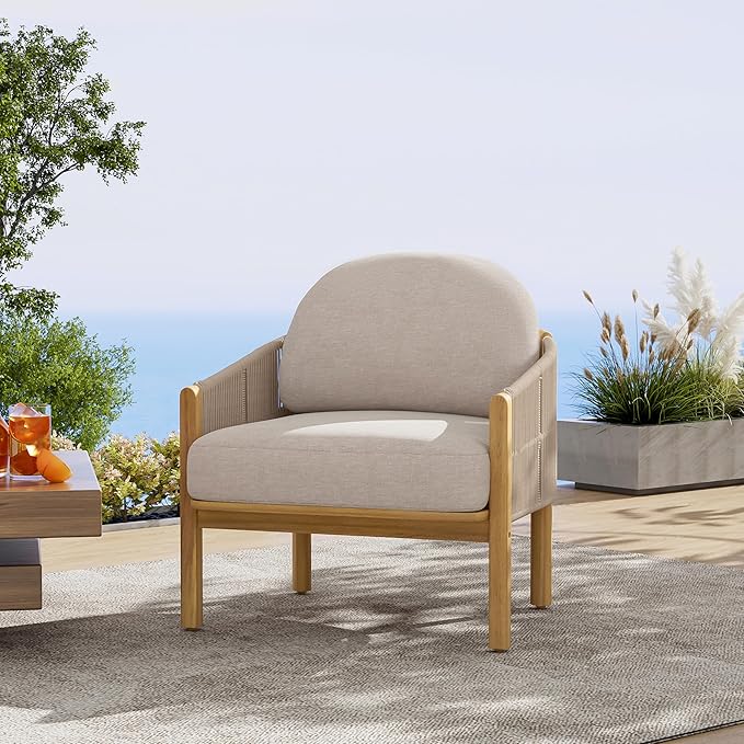 Outdoor Wood Club Chair Beige Rope with Beige Cushion