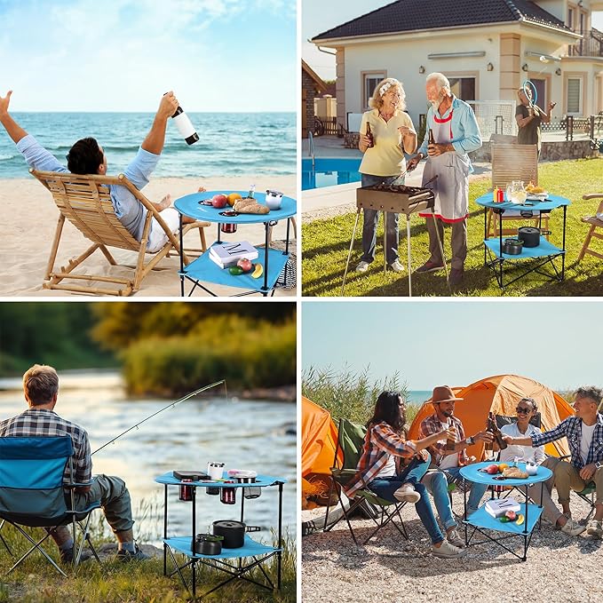 VILLEY Folding Camping Table Lightweight Double-Layer Round Table with 4 Cup Holders and Carry Bag Portable Beach Table for Camp Travel Fishing Outdoor Activities Blue