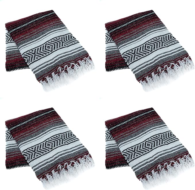 La Montana Mexican Blankets and Throws 4 Pack 74x50 - Made in Mexico Lightweight Yoga Blanket for Schools Studios Outdoors Camping Picnic Decor - Machine Washable Burgundy/Charcoal/White