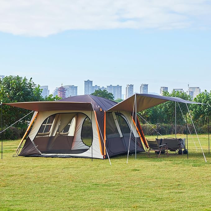 KTT Extra Large Tent 12 PersonFamily Cabin TentsAwning2 Rooms4 Doors and 4 Windows with MeshStraight WallWaterproofDouble LayerBig Tent for OutdoorPicnicCampingFamily Gathering