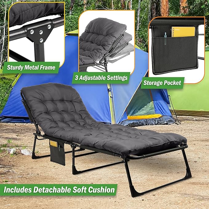 Folding Camping Cot with Mattress for Adults up to 440lbs - Heavy Duty Foldable Bed with Removable Cot Mattress and 3 Recline Positions for Travel Camp Beach or Guest Bed by Wakeman Outdoors (Gray)