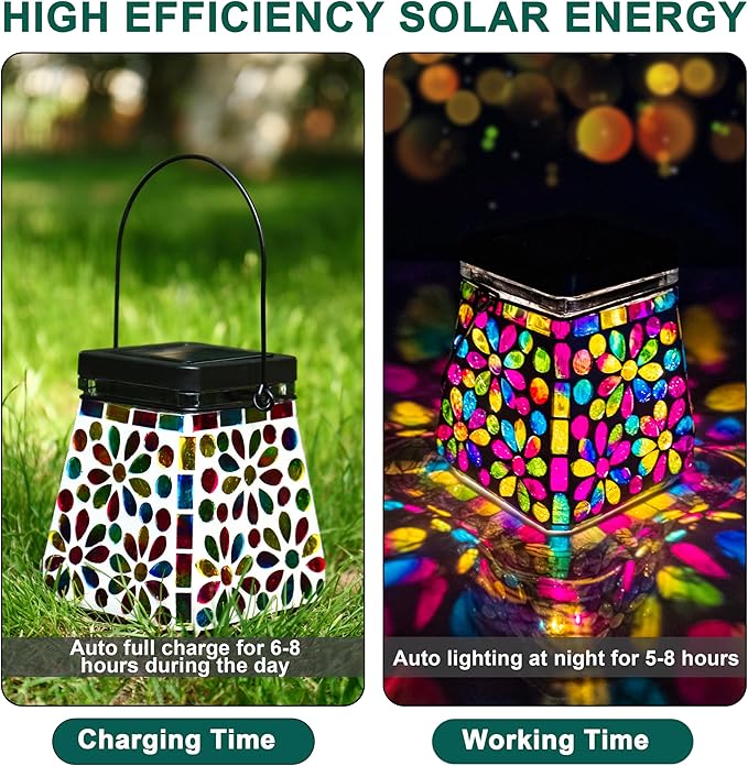 VOREEN Mosaic Glass Solar Lantern &amp Table Lamp 600mAh Solar Powered Outdoor Light Dual Modes Warm White &amp RGB Waterproof IP44 Garden Patio Yard Decor Handmade Gift for Women Mom Friends