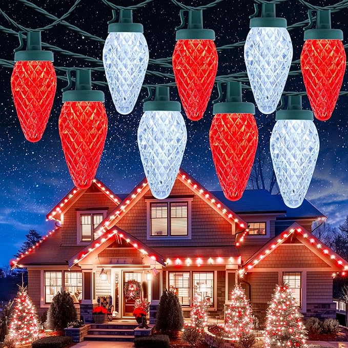 C9 Christmas Lights Outdoor Waterproof 114 Feet 150 LED C9 String Light with Timer &amp 8 Light Mode Connectable Christmas Tree Lights for House Outside Roofline Indoor Decoration Red &amp Pure W