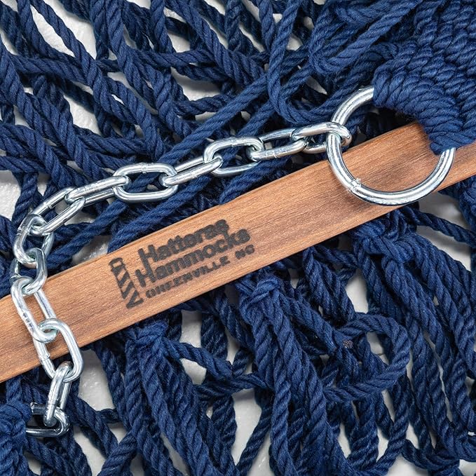 Hatteras Hammocks Deluxe Navy Duracord Rope Hammock with Free Extension Chains &amp Tree Hooks Handcrafted in The USA 450 LB Weight Capacity 13 ft. x 60 in