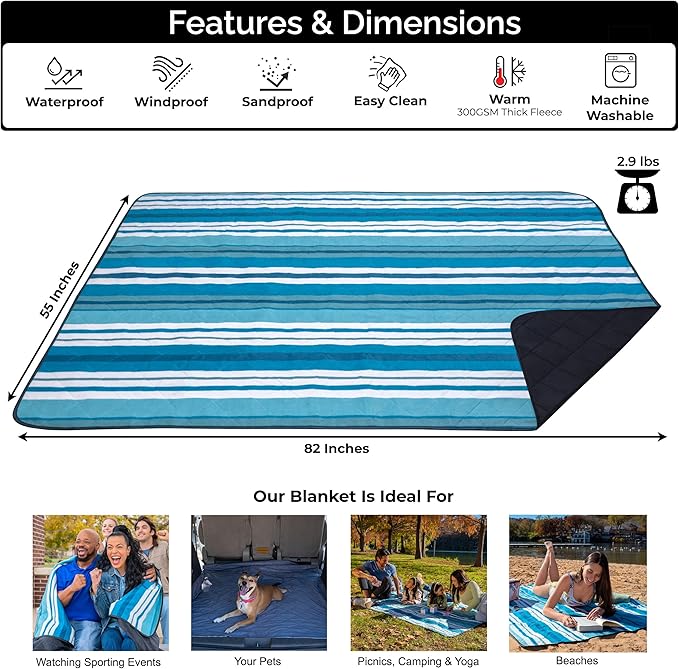 BRAWNTIDE Large Outdoor Waterproof Blanket - Extra Thick Fleece Warm Windproof Sandproof Quilted 82 x 55 Ideal for Beaches Picnics Camping Stadiums Dogs Car