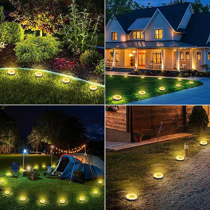 Joomer Solar Ground Lights 16 Pack 8 LED Solar Lights Outdoor IP68 Waterproof Disc Light In-Ground Landscape Lighting Outdoor for Patio Pathway Lawn Yard Driveway Walkway (Warm White)