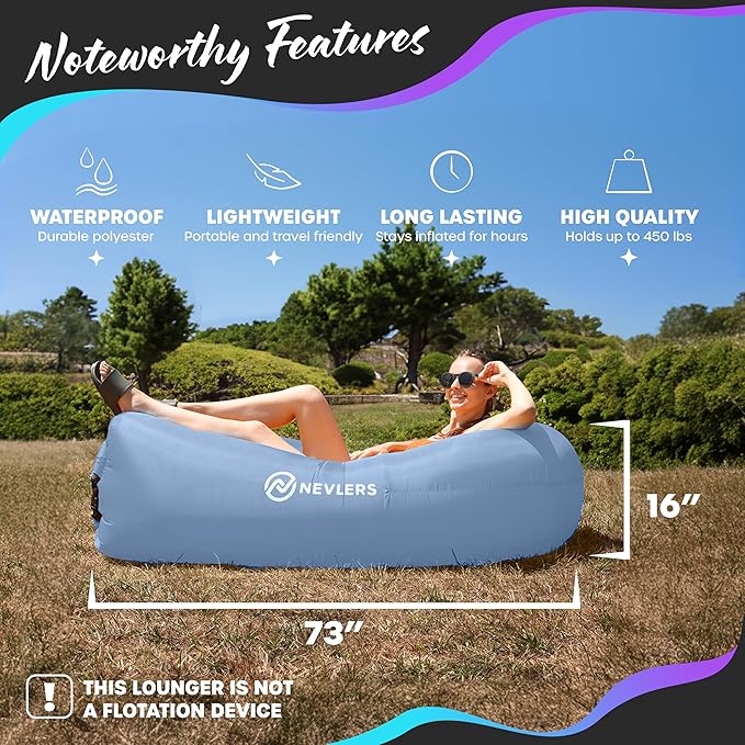 Nevlers Periwinkle Blue Inflatable Lounger | 210T Polyester Blow Up Couch | Inflatable Beach Chair w/ 450 lbs. Capacity Pockets &amp Carry Bag | No-Pump Air Couch for Use as Music Festival Accessor