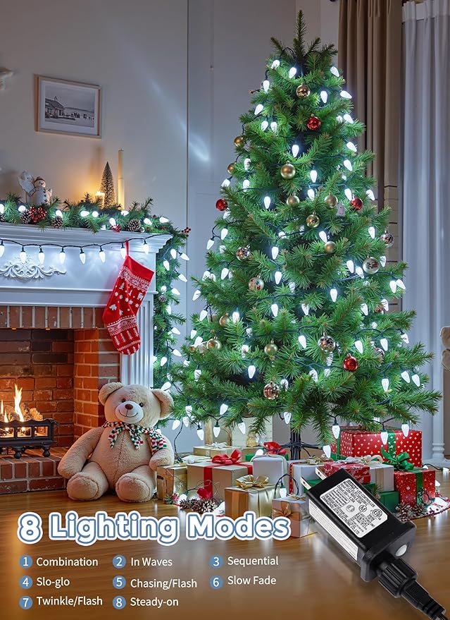 C9 LED Christmas Lights Outdoor 81 Feet 100 LED String Light with Timer &amp 8 Lighting Mode Waterproof Commercial Grade Christmas Tree Lights for Outside Indoor Roofline Patio Pure White|2 Pack