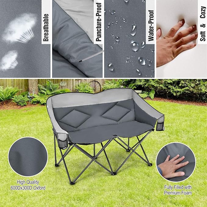 Loveseat Camping Chair Double Folding Chair Support 500 LBS Heavy Duty for 2 Adults Oversize Camp Seat with Storage Bags Backrest Padded Wide Camp Seat for Outside Picnic Beach (Grey)