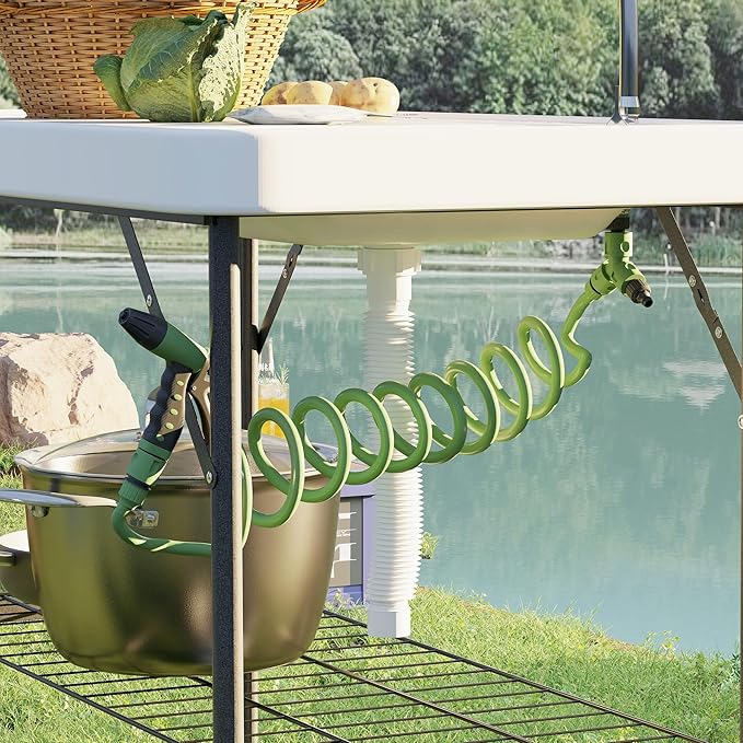 Outsunny Folding Fish Cleaning Table Portable Camping Sink Station with Faucet Drainage Hose Sprayer Grid Rack and Knife Groove Outdoor Fillet Table for Picnic Beach Patio White