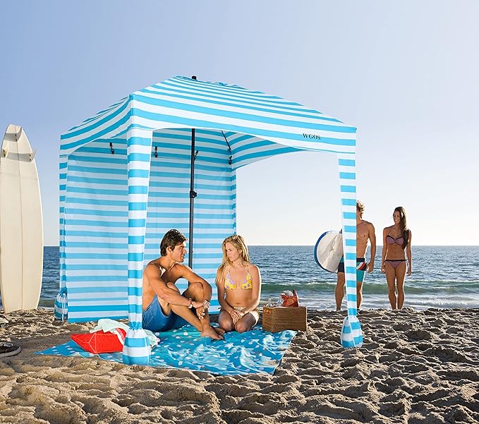 Beach Tent Beach Canopy Beach Cabana with One Side Detachable Cover Large Space 6ftx6ft Waterproof and UPF UV 50+++ Sun Protection for Beach Lake Outdoor Camping Beach Umbrella (Blue Stripe)