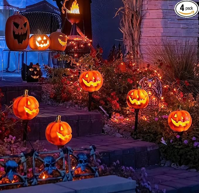4 Pack Halloween Pumpkin Pathway Solar Lights Orange Yard Stake String Lights Halloween Outdoor Decorations Waterproof LED Pumpkin Halloween Décor Walkway Lights