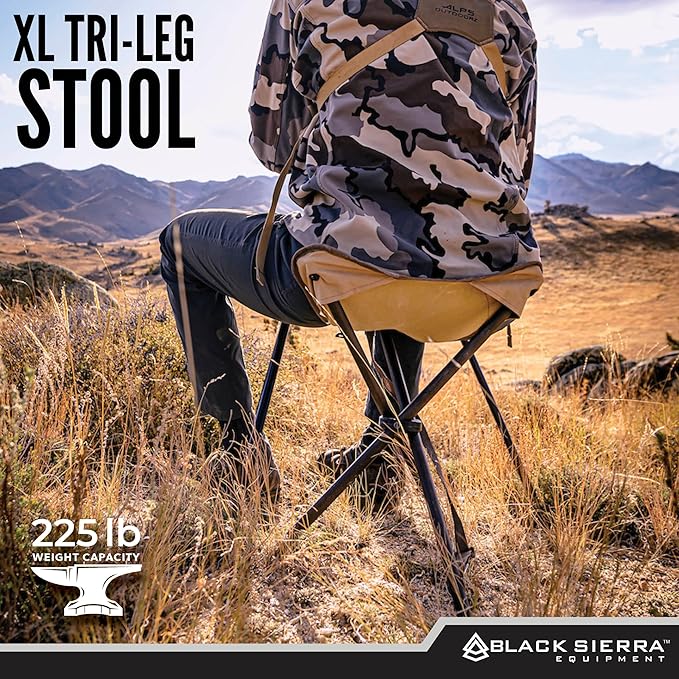 Black Sierra Folding Hunting Stool w/Shoulder Strap Supports 225 lbs Lightweight Collapsible Tripod Seat Foldable Steel Frame Chair Perfect for Hunting Blind Fishing Hiking Travel