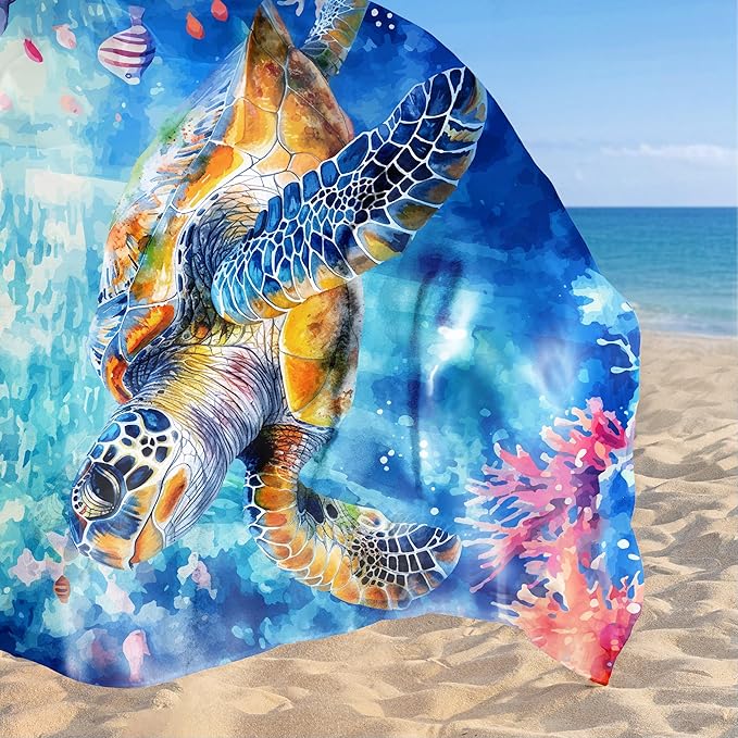 Sunlit Large Beach Blanket Waterproof Sand Proof 81 x106 Sand Free Beach Mat with Anchored Pockets and Storage Bag for Travel Beach Camping Outdoor Festival Deep Sea Turtle in Coral Reef