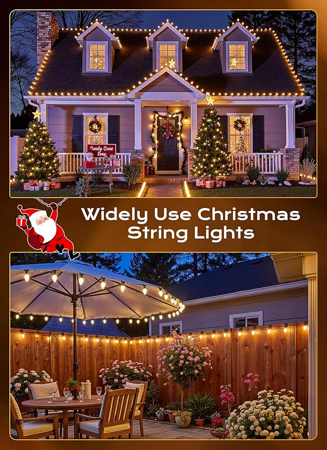 Brightown C9 LED Christmas Lights Outdoor 50 FT 50 Warm White Connectable C9 String Lights for Christmas Tree Patio Roofline Garden Backyard Holiday Party Indoor Outdoor Decoration Green Wire