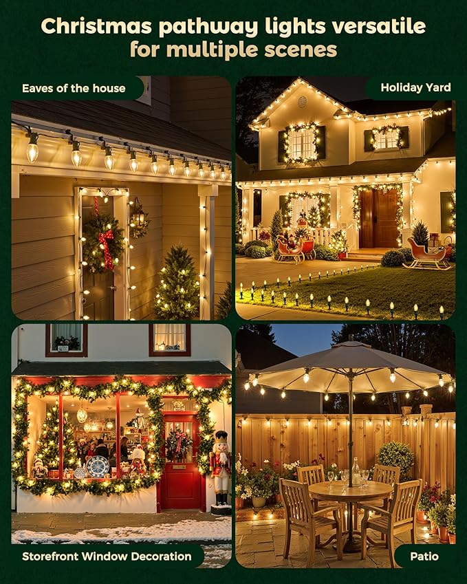 C9 Christmas Lights Outdoor 4 Packs Total 102.8 Ft 80 Bulbs Christmas Pathway Lights Waterproof Walkway Lights for Outside Driveway Sidewalk Outdoor Decorations Yard Clear