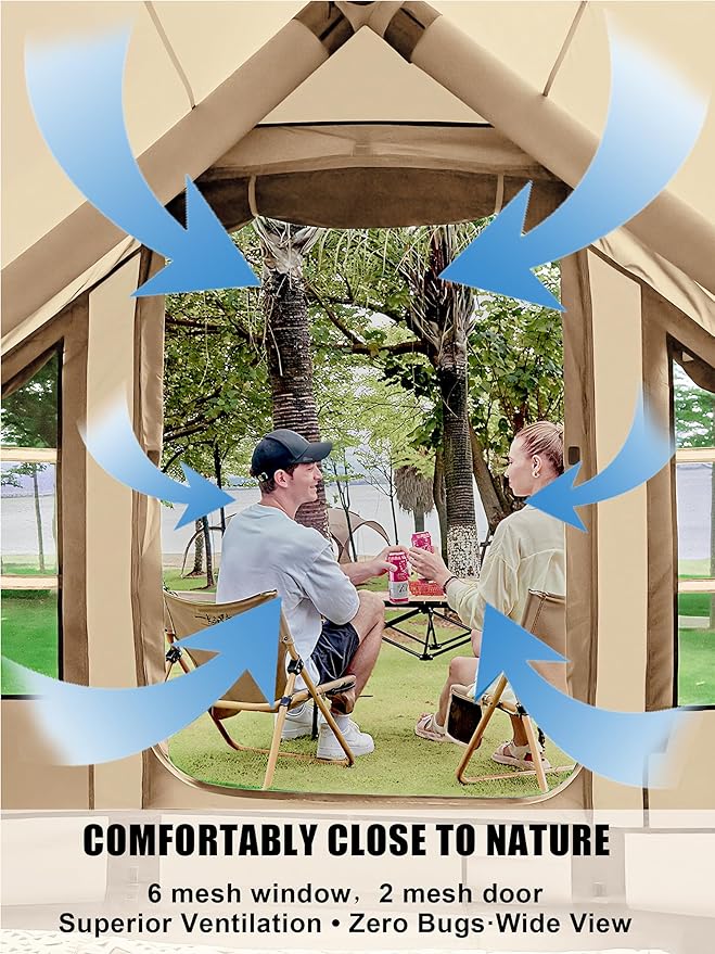 Inflatable Tents with Hand Pump Hot Tent with Stove Jack Easy Blow Up Glamping Tent with Mesh Windows 4-6 Person Instant Family Camping Tents Waterproof for 4 Seasons