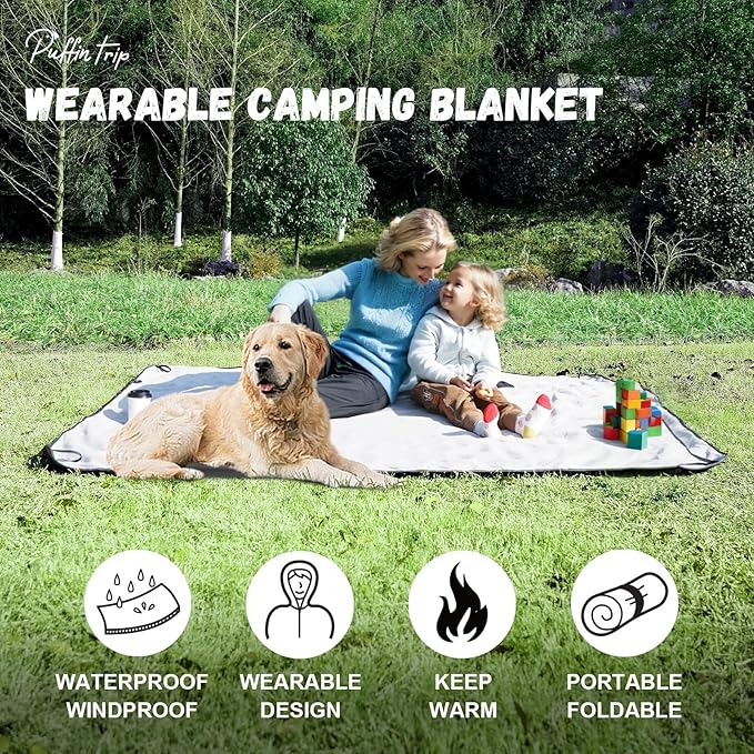 Wearable Warm Camping Blanket Waterproof Windproof Quilted Fleece Stadium Outdoor Blanket with Portable Bag for Cold Weather Camping Picnic Sports Pet Beach Travel Car 79*55 inches Black including Hat