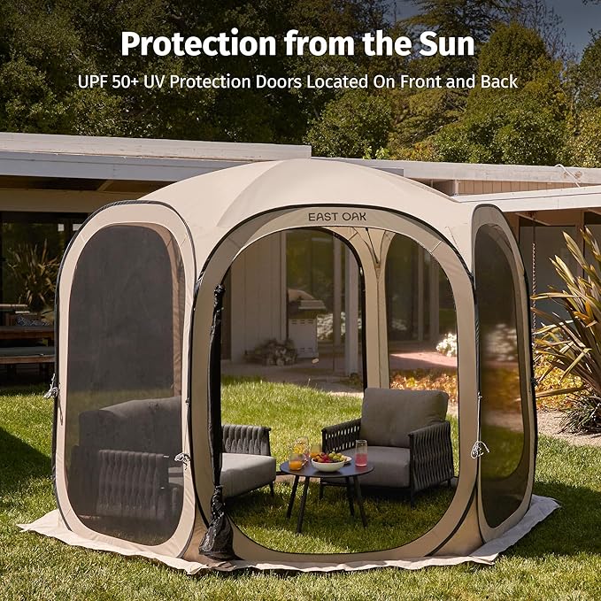 East Oak Screen House Tent Pop-Up Portable Screen Room Canopy Instant Screen Tent 10 x 10 FT with Carry Bag for Patio Backyard Deck &amp Outdoor Activities Beige