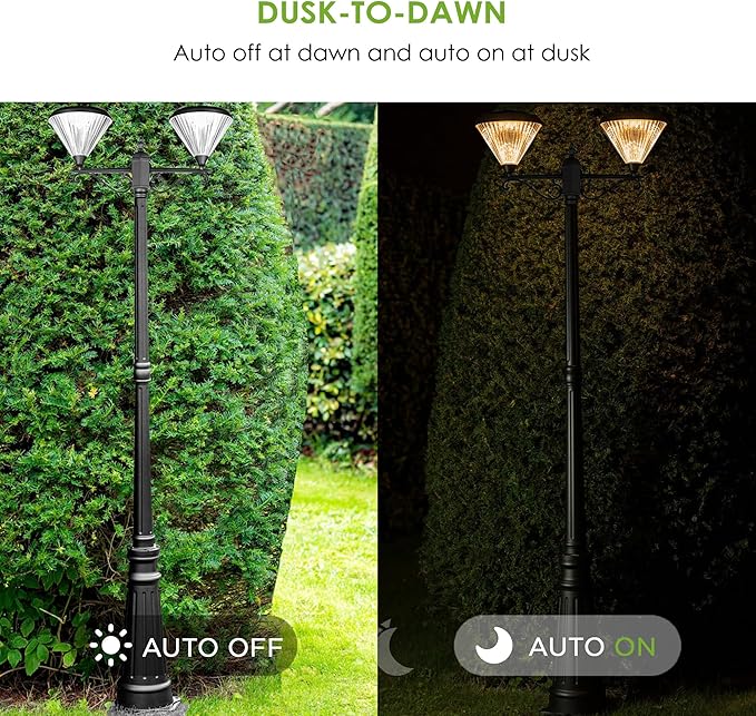 TIERONE 7.5FT LED Post Solar Light Dusk to Dawn Landscape Pathway Dual-Head Pole Light IP65 Waterproof 3000K Warm White Outdoor Street Lights for Lawn Patio Yard Pathway Garden