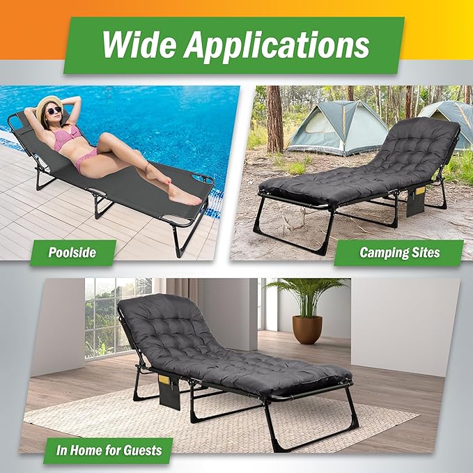 Folding Camping Cot with Mattress for Adults up to 440lbs - Heavy Duty Foldable Bed with Removable Cot Mattress and 3 Recline Positions for Travel Camp Beach or Guest Bed by Wakeman Outdoors (Gray)