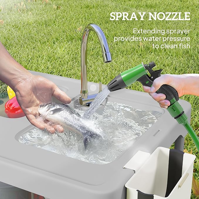 Outsunny Folding Fish Cleaning Table with Sinks Portable Camping Sink Table Gray