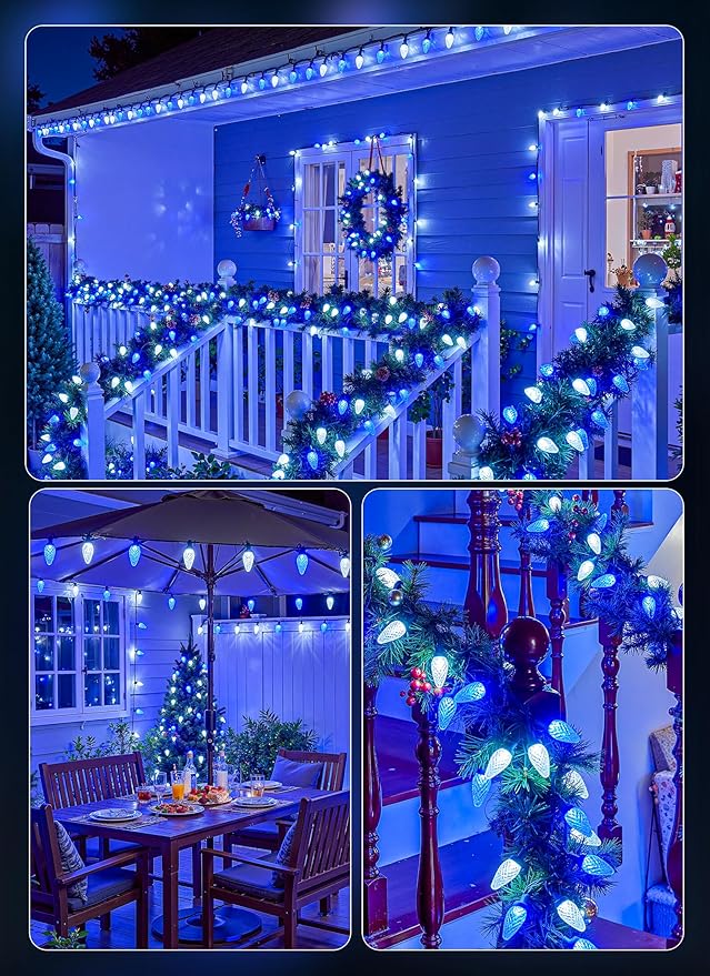 C9 Christmas Outdoor Lights 72 FT 110 LED C9 String Lights 8 Modes &amp Timer Extendable Waterproof for Christmas Tree Indoor Outdoor Roofline Patio Outside Garden Backyard Xmas Decor Blue White
