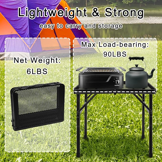 jkwokback Grill Table Camping Table Portable Folding TableHeight Adjustable Collapsible with Mesh DesktopLightweight Metal Table for Camp BBQ Picnic RV Outdoor Cooking Travel
