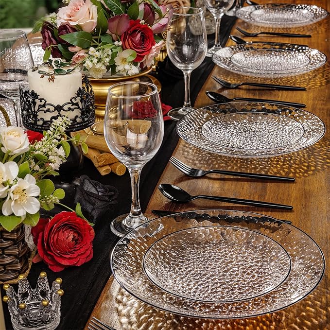 Rubtlamp 60Pcs Black Plastic Plates Black Heavy Duty Graduation Plastic Plates Clear Disposable Party Plates Hammered Fancy Plates Include 30 Dinner Plates 30 Salad Plates For Graduation Party
